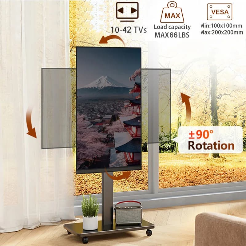 Tragbarer mobiler TV-Wagen auf Rädern für 10- bis 42-Zoll-Fernseher, Landschaft bis drehbares Porträt 90 ° Schwenkbarer, höhenverstellbarer