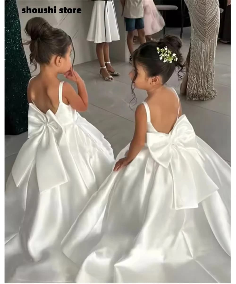 Weißes Blumenmädchenkleid mit Schleifenriemen, Mini-Brautkleid, Kinder-Ballkleid, Erstkommunion-Kleid, Vestidos, individuell gestaltet
