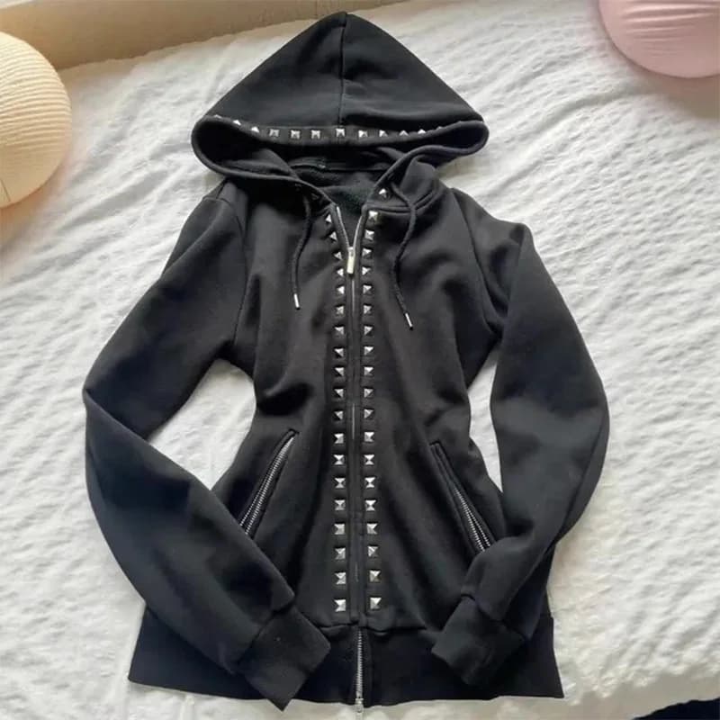 Y2K Neue Emo Mode Niet Zipper Hoodie Frauen Harajuku Schwarz Übergroßen Hoodie Gothic Retro Klassische Sweatshirt Winter Kleidung