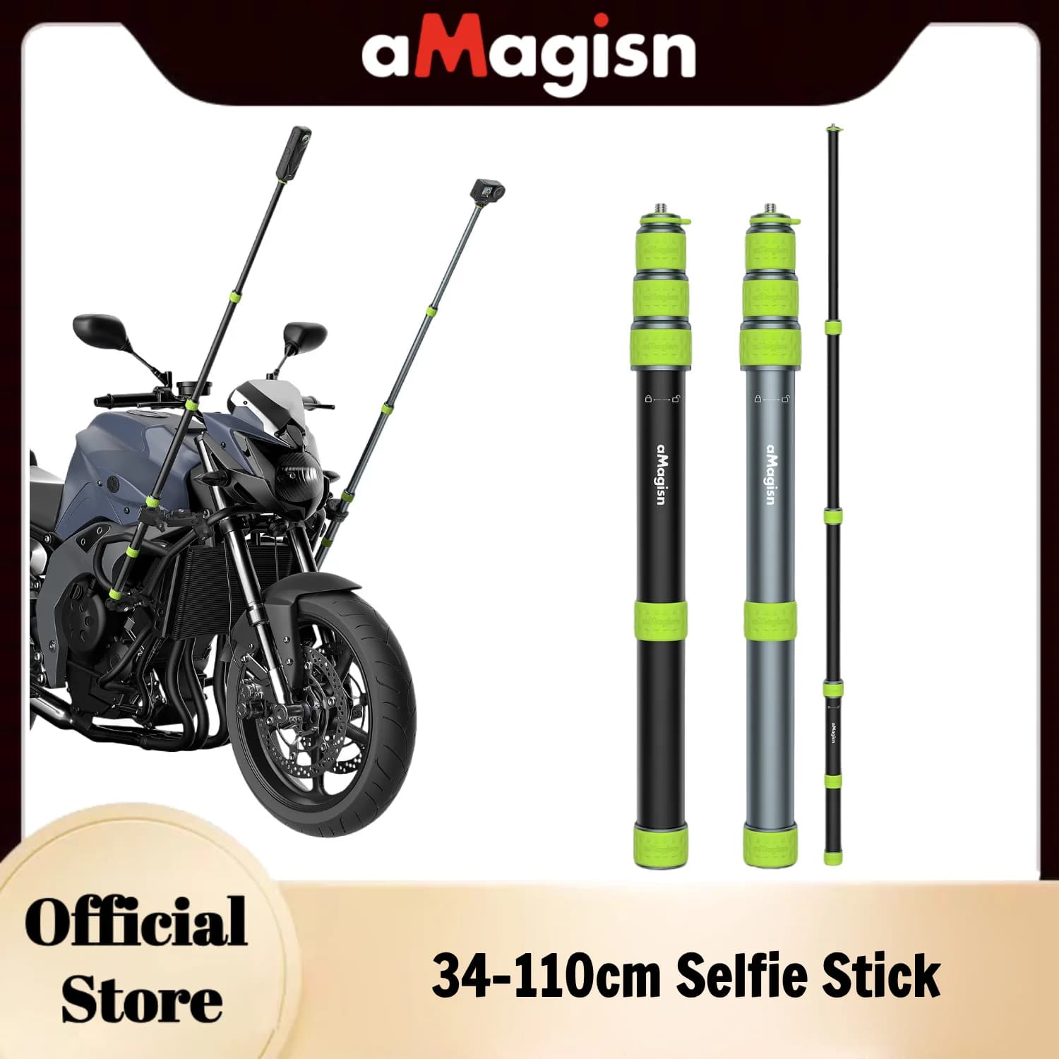 aMagisn Professioneller Motorrad-Selfie-Stick 34-110cm Metallstange 1/4-Zoll-Gewinde Trekkingstange Konvertierbar Passend für GoPro / DJI / Insta360