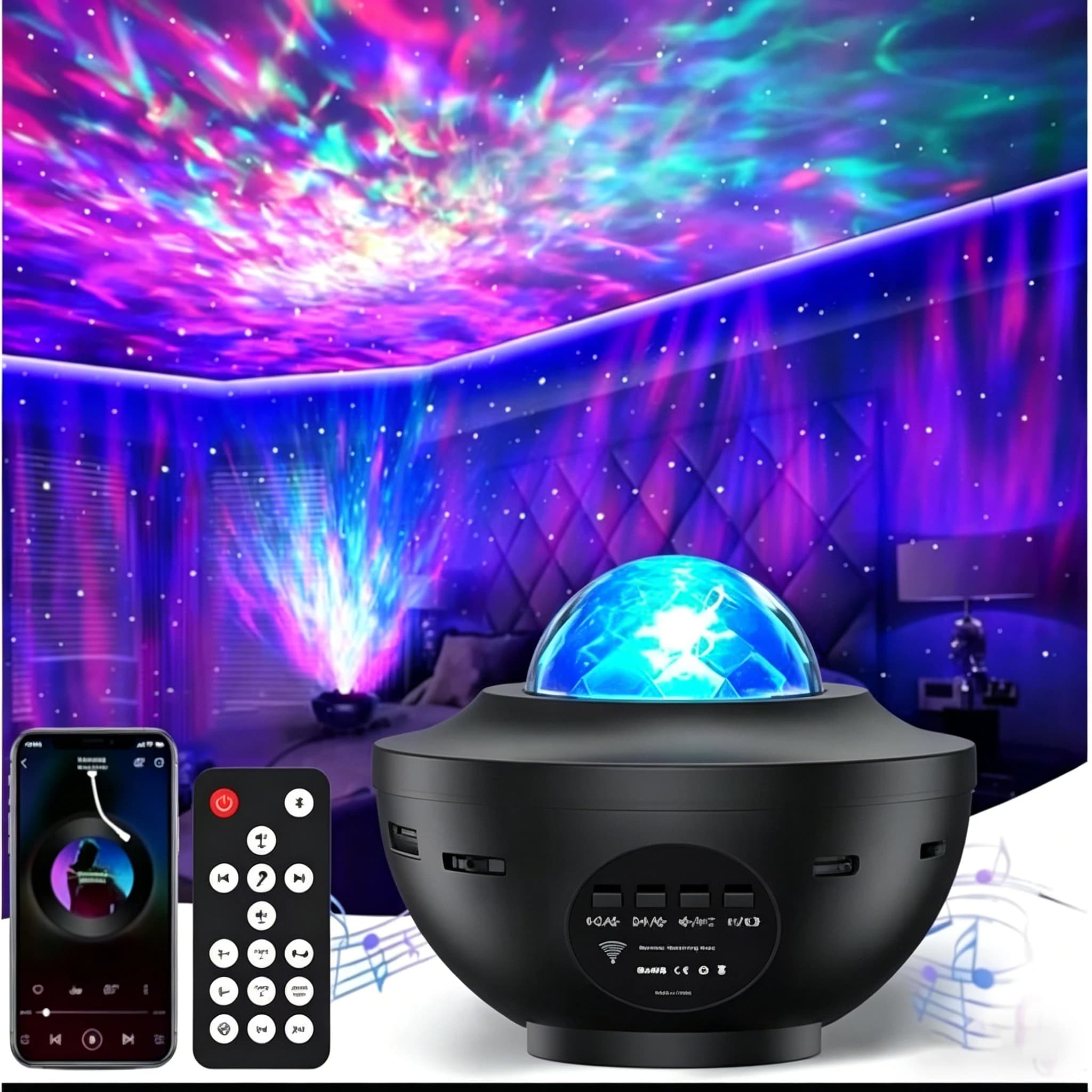 LED-Nachtlicht Sternenhimmel-Projektor mit BT-Musikplayer, USB-Stromversorgung, Fernbedienung, Ozeanwellen-Galaxie-Beleuchtung,