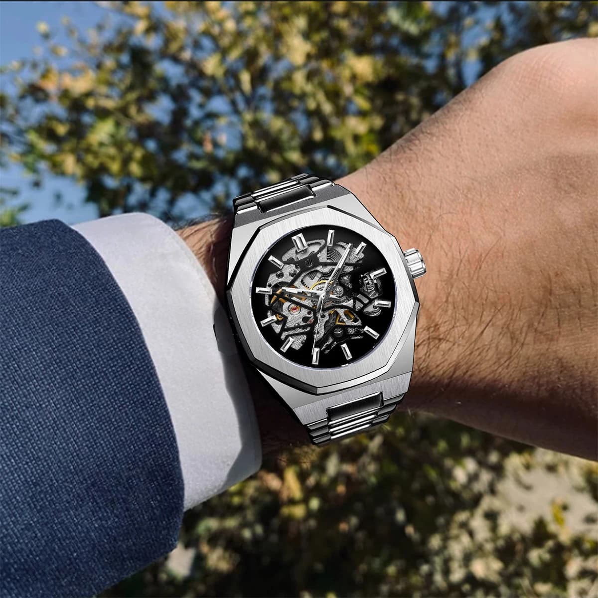 FORSINING Mode Automatische Herren Uhren Top Marke Mechanische Transparente Wasserdichte Militär Edelstahl Sport Armbanduhren