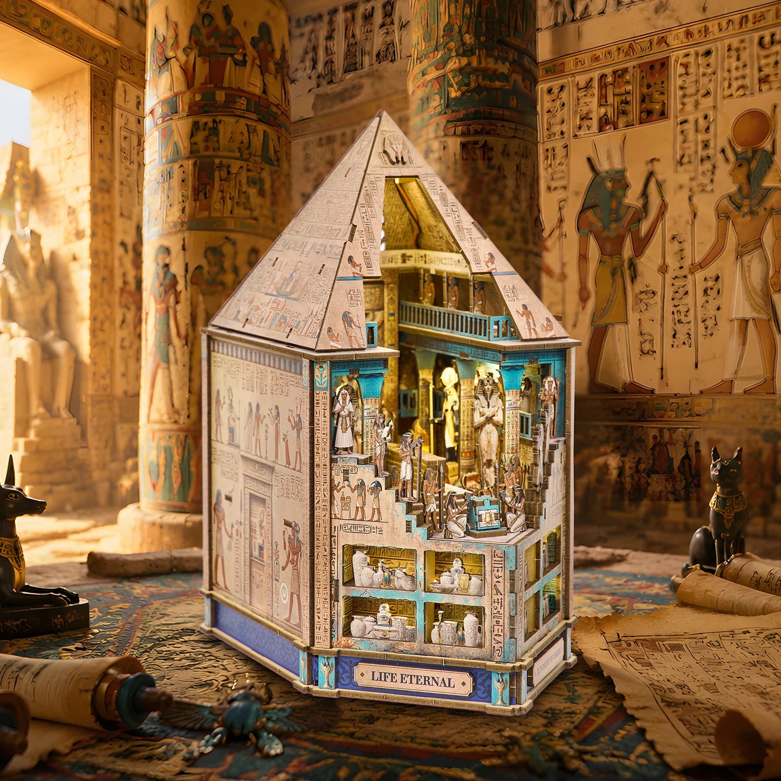 Bücherregal-Deko-Set 3D Holzpuzzle Ägyptischer Pharao Mumie DIY Miniatur-Puppenhaus Pyramiden-Modell Bausatz Heimdekoration Geschenke