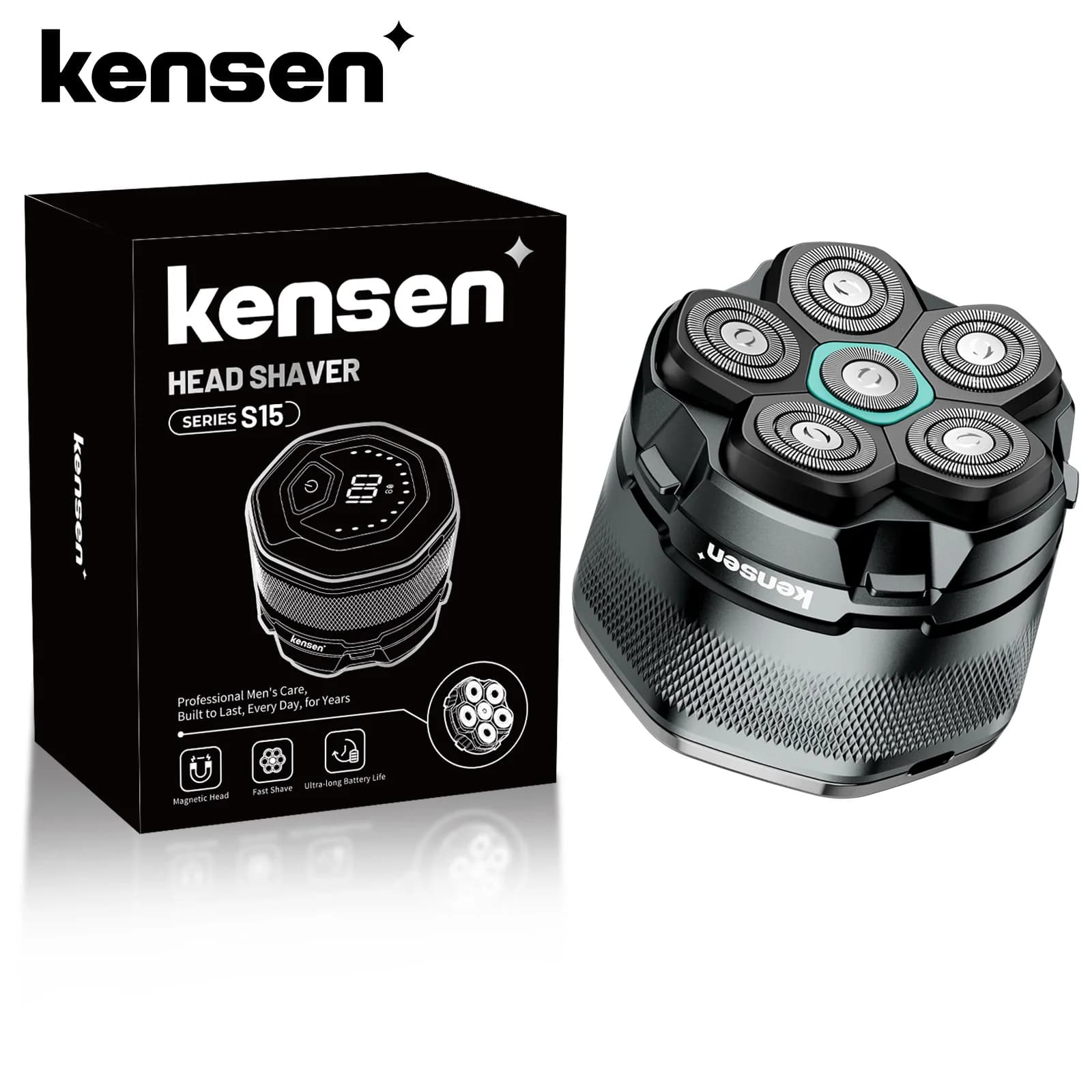 KENSEN Elektrische Kopfrasierer für Glatze Männer, 6D-Magnetrasierer, Bartschneider, USB wiederaufladbar, LED-Anzeige, wasserdichte Bartrasierer