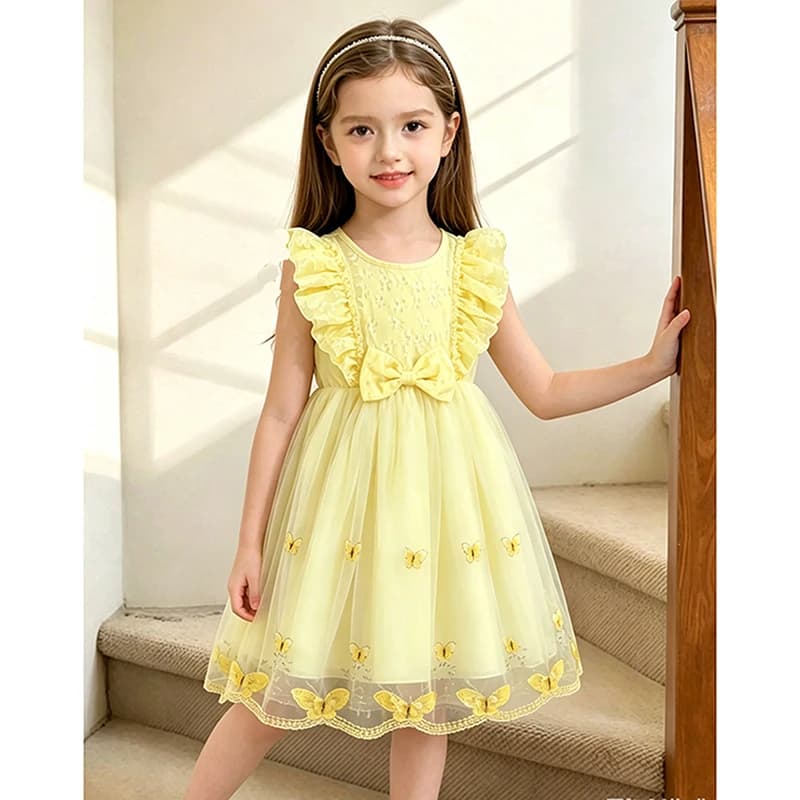 Kleid für Mädchen, gelb, O-Ausschnitt, Fliegenärmel, Tüll, Schleife, 8–12 Jahre, Sommer, elegant, süßer Stil, Prinzessinnenkleid,