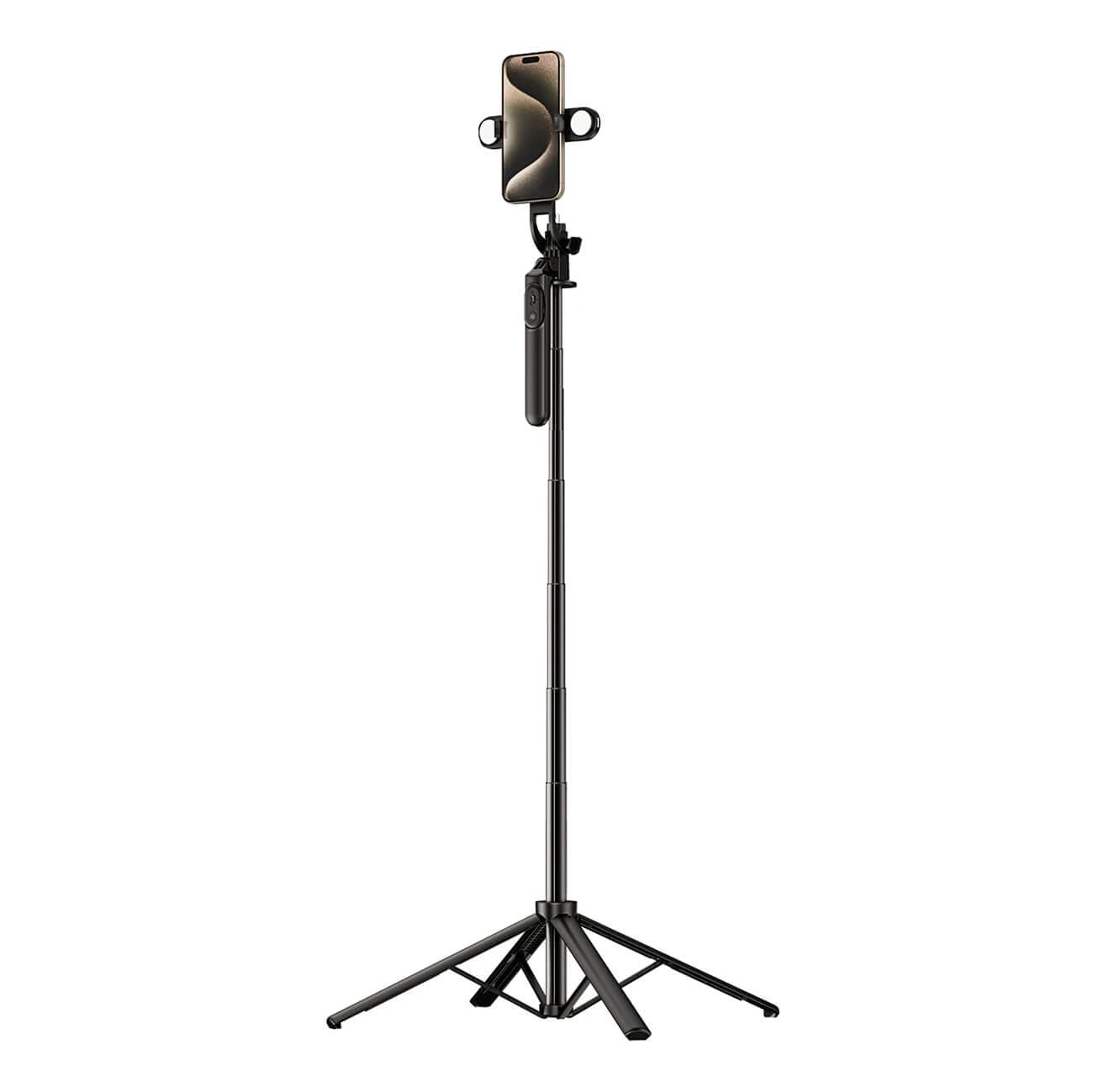 Selfie-Stick WH181D-Y1S Teleskopstativ aus Aluminiumlegierung mit 1,75 m Länge, doppelter Beleuchtung und Handyhalterung - schwarz