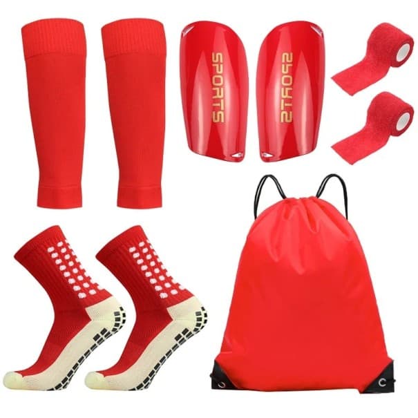 5er Set Fußball-Trainingssets für Damen und Herren, hohe Stutzen 39-45 EUR, Schienbeinschoner, Bandagen, Fußüberzug, Tasche rot