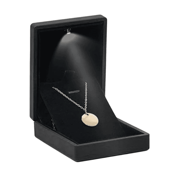 Schmuckkästchen 7 x 9 x 3,3 cm mit LED Licht Samt Geschenkbox Elegantes Schmucketui für Verlobungen Schwarze Kunststoffbox mit Beleuchtung