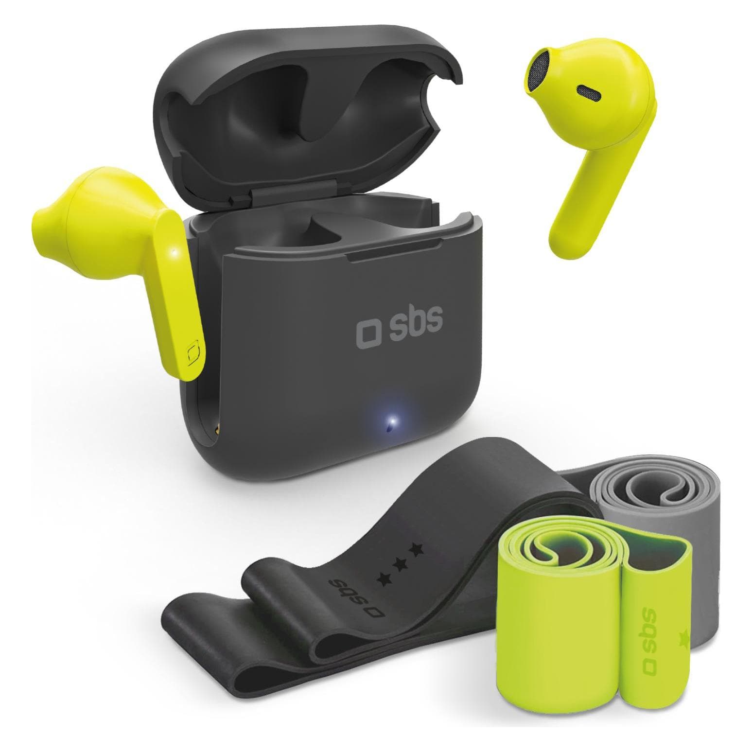 SBS Kit mit drahtlosen TWS-Ohrhörern und elastischen Fitnessbändern (3.50 h, Kabellos), Kopfhörer, Schwarz, Gelb