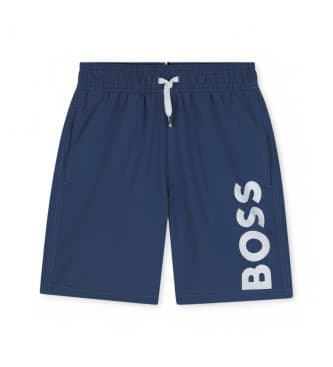 BOSS für Jungen. J51973 Surfing Trunks mit marineblauem Logodruck (8Y= 126cm), Strandbekleidung, Polyester, Kinderbekleidung